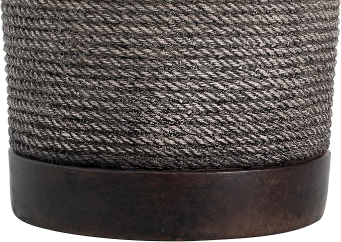 IRONORA Dark Rope-Wrapped Cylindrical Outdoor Side Table, Round Accent Table with Metal Top, Rustic Patio End Table for Backyard Garden Balcony