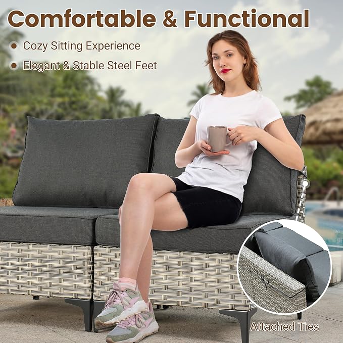 Outdoor Sectional Patio Furniture Set,5 Pieces Rattan Wicker Conversation Sets L Shaped Couch,Outside Furniture with Glowing Coffee Table,Black