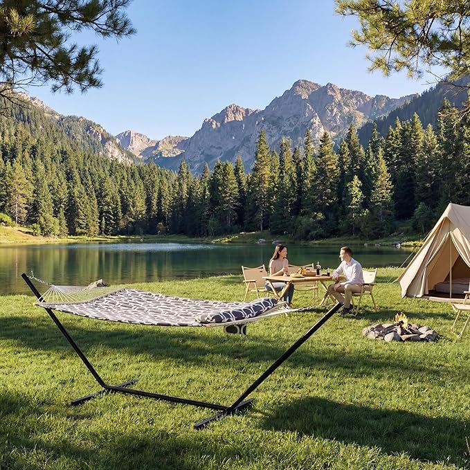 Double Hammock with Stand for Outdoor, Portable Hammock with Soft Pillow, Balance Ropes, for Patio, Garden, Backyard, Beach