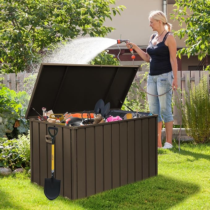 Domi Deck Box Outdoor Storage Box 200 Gallon, Lockable Storage Cabinet Deck Box Outdoor Waterproof, Large Metal Storage Bin for Patio Furniture Cushions Garden Tools Pool-Supplies, Brown