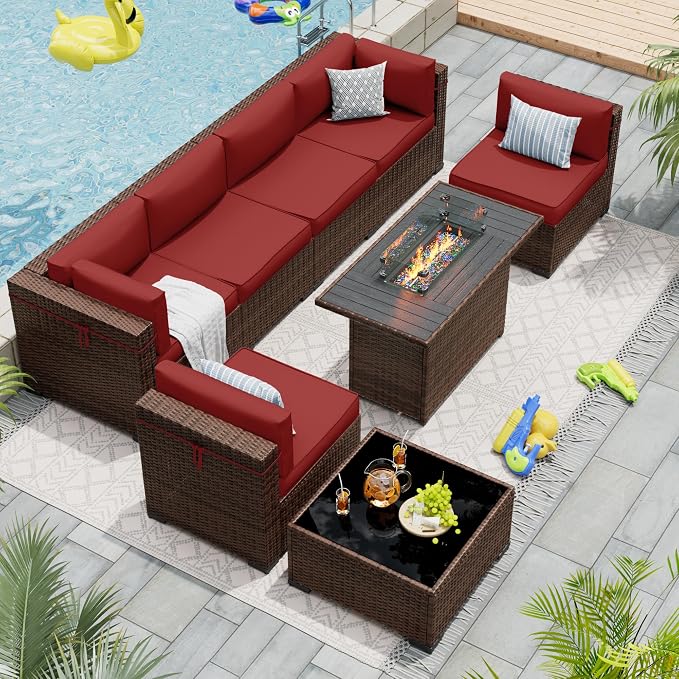 Patio Furniture Set with 44'' Propane Gas Firepit Table, 8 PCS Modular Outdoor Sectional Conversation Sets, All-Weather Wicker Patio Set for Backyard, Wine (Waterproof Covers Included)
