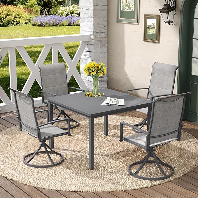 DIFY 5 Piece Outdoor Patio Dining Set for 4, 40.2" Square Metal Dining Table and Swivel Patio Chairs with Padded Textilene, All-Weather Outdoor Furniture Set for Garden Backyard Porch, Grey