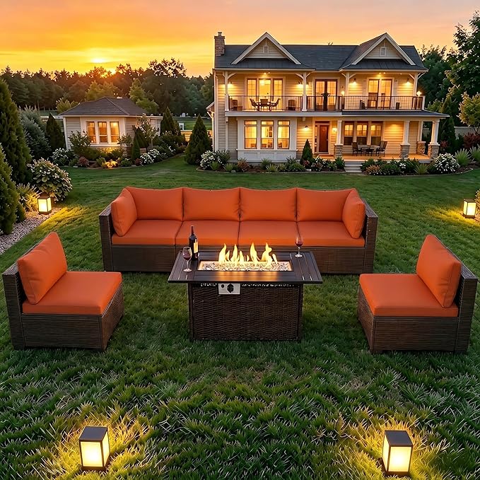 LAFWELL 8-Piece Wicker Patio Conversation Set with 44" Propane Fire Pit Table, Cozy Outdoor Sectional Sofa for Backyard Gatherings, Poolside Lounging & Garden Parties