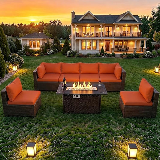 LAFWELL 8-Piece Wicker Patio Conversation Set with 44" Propane Fire Pit Table, Cozy Outdoor Sectional Sofa for Backyard Gatherings, Poolside Lounging & Garden Parties
