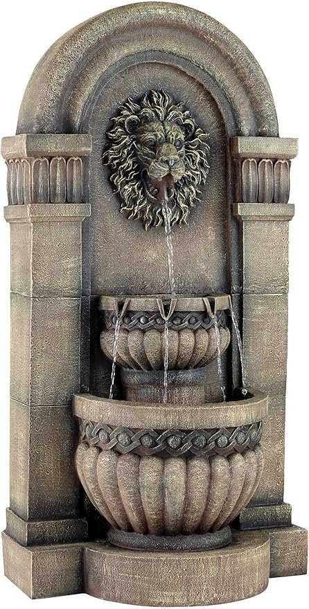 Royal Lion Face 50" High Large Italian Indoor Outdoor Decor Faux Stone Floor Fountain with Light LED Waterfall 2-Tier Statue Water Feature for Outside Garden Patio Yard Backyard - John Timberland