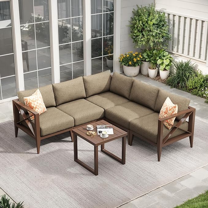 Aluminum Outdoor Furniture Set,5-Seats Conner Patio Sectional Conversation Sofa with 5.2" All-Weather Cushions and Coffee Table,Patio Furniture Set for Deck, Porch, Garden (Brown)