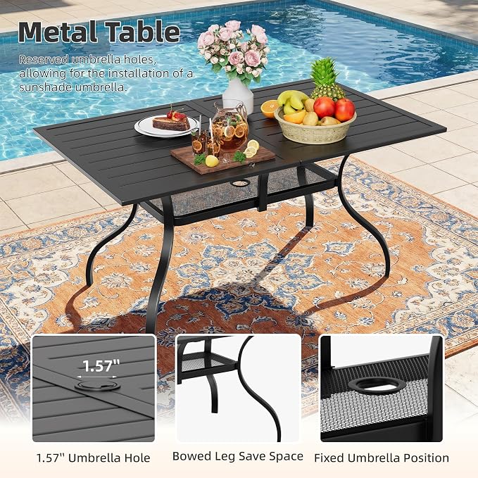 Crownland 7 Piece Furniture Patio Dining Set, 6 Swivel Metal Chairs and Rectangular Outdoor Dining Table with 1.57" Umbrella Hole, Outdoor Furniture Dining Set for Lawn, Backyard, Garden(Black)