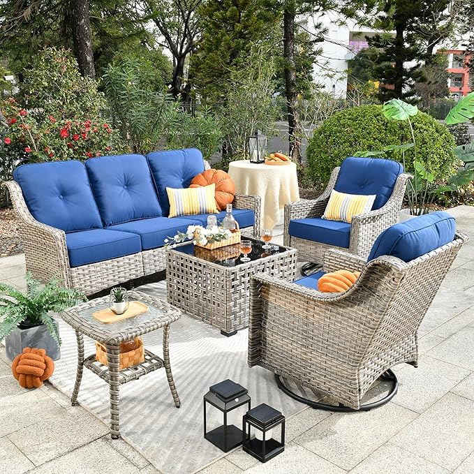 Patio Conversation Set,5 Pieces Wicker Patio Furnitures with Swivel Chair and Coffee Table,All Weather Patio Furniture Set for Garden,Backyard,Poolside and Patio,Navy Blue
