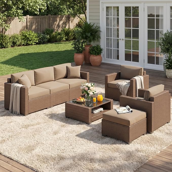 Patio Furniture Set, 7-Piece Outdoor Sectional Couch with Coffee Table & Thick Cushions, Outdoor Wicker Conversation Set for Backyard, Poolside, Garden (Brown-Camel, 7 Piece-Double)
