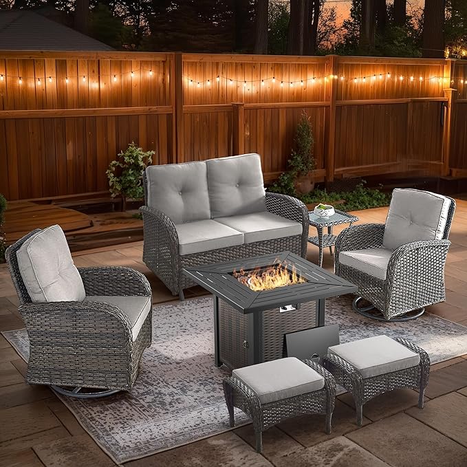 7 Piece Patio Furniture Set with Fire Pit Table - Wicker Patio Conversation Set with Swivel Glider, Glider Loveseat, Side Table and 2 Ottomans for Deck Backyard - Brown Wicker Beige Cushion