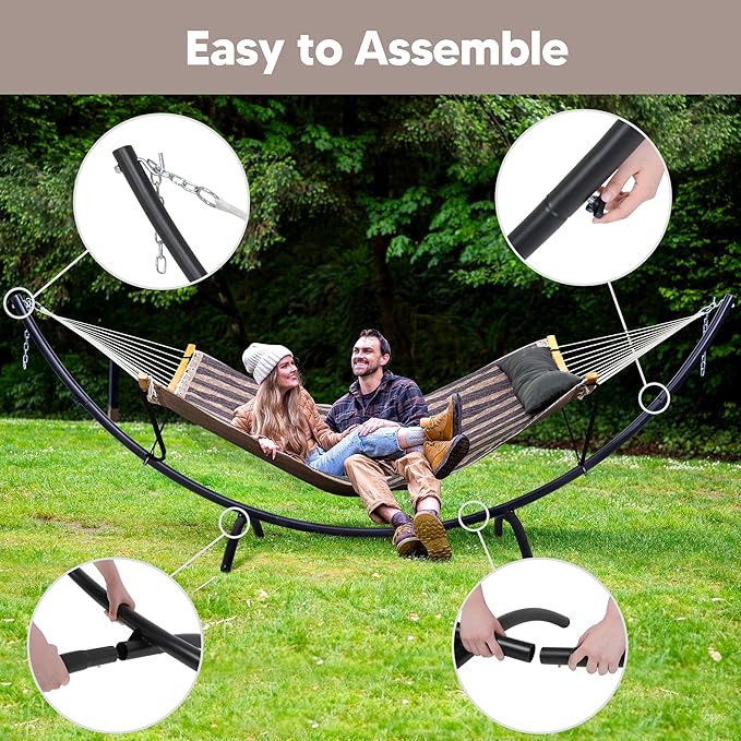 SUNCREAT Hammocks for Outside with Stand, Porch Hammock and Stand, 475 lbs Capacity, Patent Pending, Gray Stripes