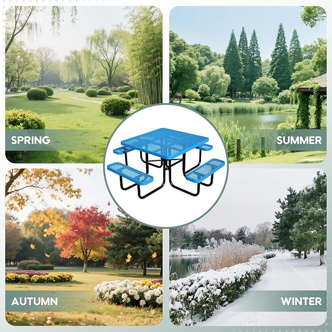 46Inch Square Picnic Table for 8 Person, Outdoor Heavy Duty Sturdy Picnic Tables with 4 Benches & Umbrella Hole, Commercial Metal Patio Picnic Table for Garden, BBQ, Coffee Store, Party, Porch (Blue)