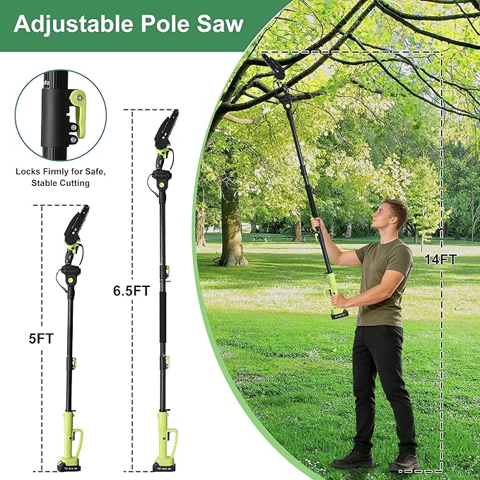 Electric Pole Saw, 6 Inch Battery Powered Tree Trimmer and Handheld Mini Chainsaw with Adjustable Extension Pole for Branch Limb Cutting,Pruning,Yard,Garden, Brushless Pole Saw