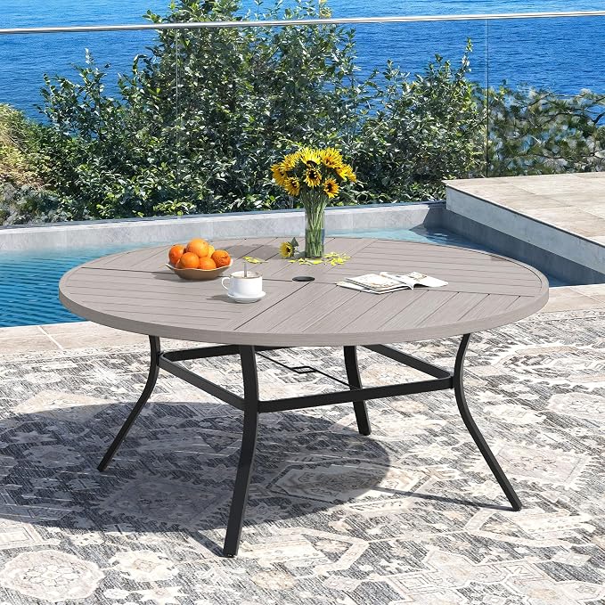 DIFY 9 Piece Outdoor Dining Set, Metal Patio Table and Chairs Set, 59.8" Grey Wood-Like Round Dining Table & 8 Grey Padded Textilene Swivel Patio Chairs, Outdoor Furniture Set for Garden Backyard
