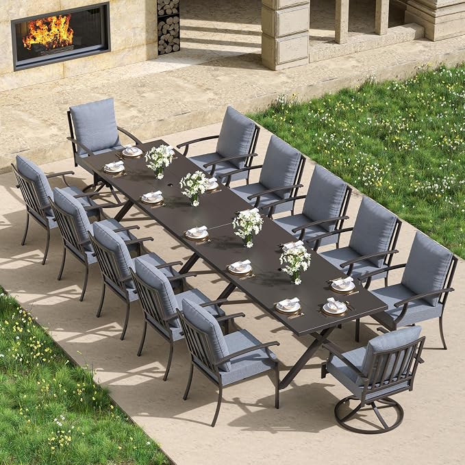 Kullavik 14PCS Outdoor Dining Set,Patio Dining Table and Chairs Set for 12,Fence Pattern Back Chairs with Thickened Cushions & Rectangular Metal Dining Table with Umbrella Hole for Patio,Grey