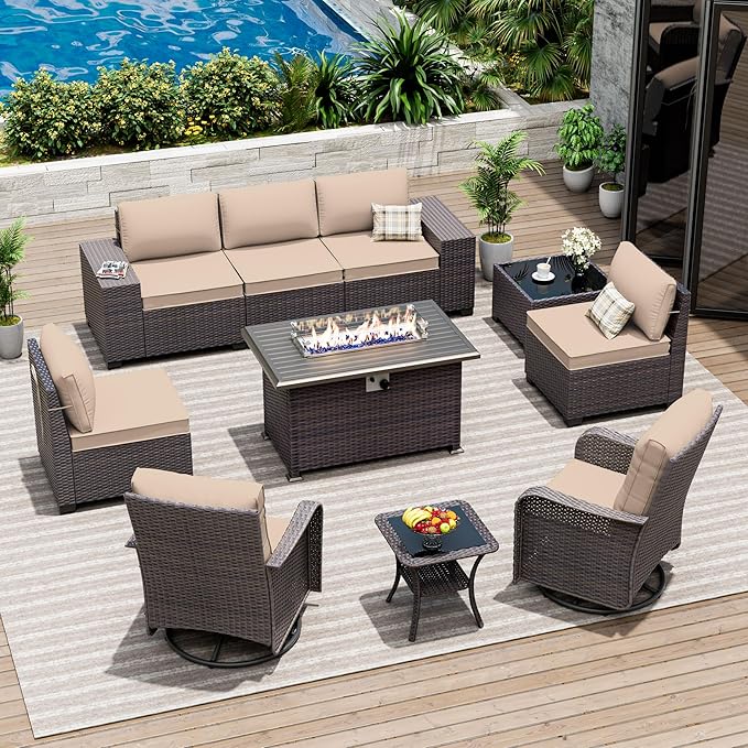 10 Pieces Patio Furniture Set with 2 Swivel Chairs Patio Furniture Outdoor Sectional Sofas with 55000 Gas Fire Pit Patio Conversation Set w/7 Cushions-Brown