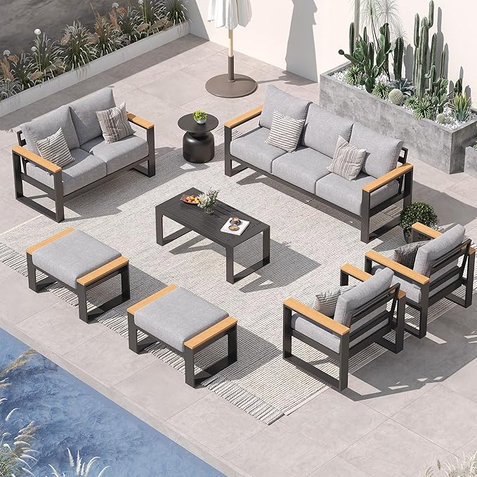 Sundale Outdoor Aluminum Patio Furniture Set, 7 Piece Outdoor Conversation Sets with Coffee Table, Ottoman and Washable Thick Cushions, All Weather Outdoor Sectional Set for Deck, Lawn, Yard (Grey)