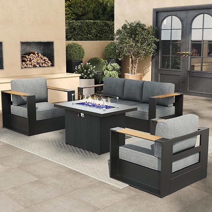 Aluminum Patio Furniture Set, 5 Seats Luxury Seating Furniture with 44" Fire Pit Table, All Weather Outdoor Conversation Sets with 6" Thickened Cushions