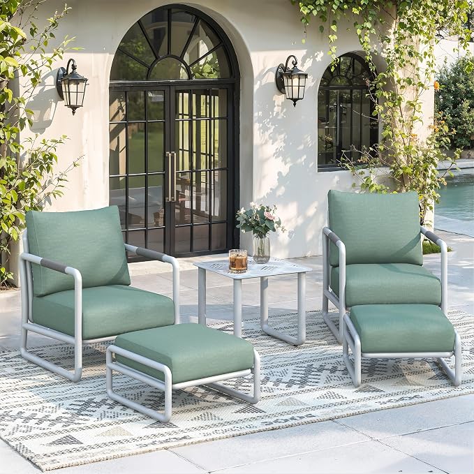 Outdoor Aluminum Patio Furniture Set, 5 Pieces Conversation Set with 6.5 Inch Cushions & 2 Ottomans, All-Weather Rust-Resistant Frame Conversation Set for Porch, Garden, Backyard, White