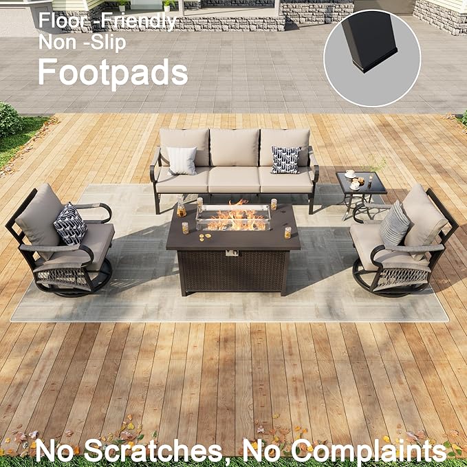 5 Pieces Patio Furniture Set, Metal Outdoor Conversation Sets with Fire Pit Table and Swivel Chairs for Backyard Garden Deck Porch Poolside (Thick Beige Cushions)
