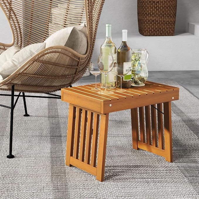 Tangkula Patio Foldable Side Table, Outdoor Folding Acacia Wood Coffee Table w/Slatted Tabletop, Portable Patio Table for Backyard, Poolside, Balcony (2)