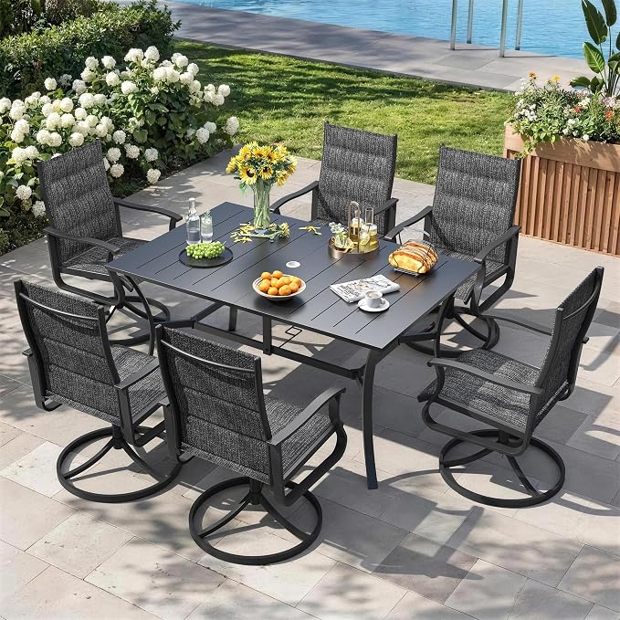 7 Pieces Patio Dining Set, Padded Patio Outdoor Furniture Set of 6 Patio Swivel Dining Chairs and Patio Spliced Rectangular Tabletop with Umbrella Hole, for Deck, Backyard, Poolside & Garden