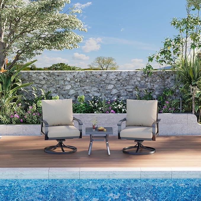 HOMREST Outdoor Swivel Rocker Patio Chairs with Coffee Table 3 PCS Bistro Set, 360 Degree Swivel Rocking Chair Patio Conversation Set with Thickened Cushions for Garden, Deck and Poolside