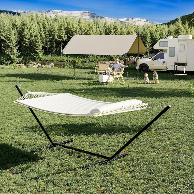 IDEALHOUSE Double 2 Person Hammock with Space Saving Steel Stand, Carry Bag, 450lbs Weight Capacity, Indoor Outdoor for Garden Camping & Beach, Beige