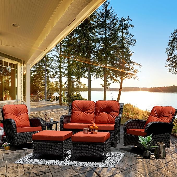 6-Piece Outdoor Patio Conversation Set, All Weather Wicker Rattan Conversation Set with Ottomans, Outdoor Swivel Rocking Chair with Coffee Table for Patio, Porch,Red