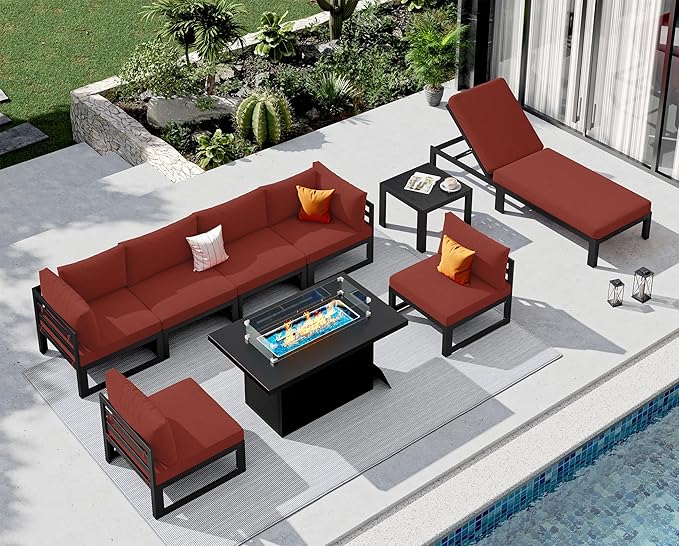 NICESOUL 7 Person Modern Aluminum Outdoor Patio Furniture Set with Chaise & Firepit Table, 29" Wide Deep Seating, Water Resistant Modular Sectional Couch, Large Conversation Set for Poolside Deck, Red