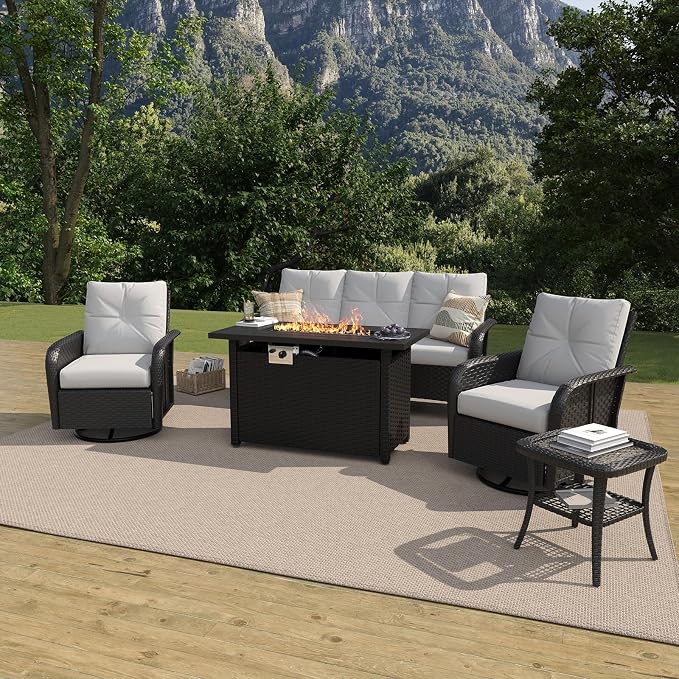LazySunsets 7 Piece Outdoor Patio Furniture Set with 44'' Fire Pit Table, Outdoor Patio Furniture Set with High Back Swivel Rocker Chairs, Wicker Sofa Set with Thick Cushions, Beige