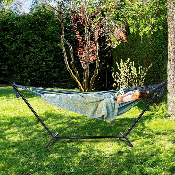 ONCLOUD Heavy Duty 550 LBS Double Hammock with Stand Included with Portable Carrying Bag, Upgraded 2 Person Hammock with Frame for Outdoors & Indoors, Series TDCTZ2 - Blue Green Stripe