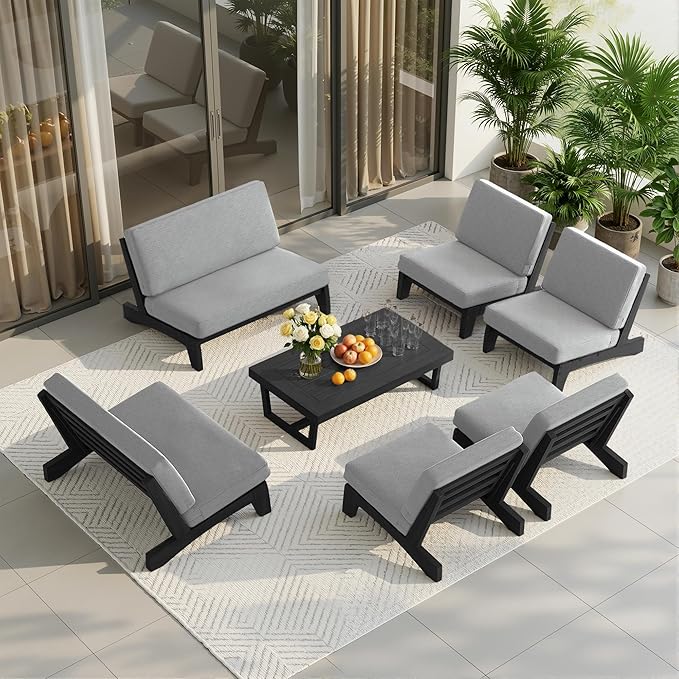 UIXE 7 Pieces Black Wood Patio Furniture Sets, 2 Patio Loveseat, 4 Patio Bistro Chair, All Weather Outdoor Sectional Sofa Furniture Backyard Conversation Set with Coffee Table - Gray