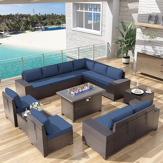 Patio Furniture Sectional Sofa Set 13PCS PE Rattan Patio Conversation Set w/43in Gas Fire Pit Table, Outdoor Furniture with 55000 BTU Propane Fire Pit, Navy Blue