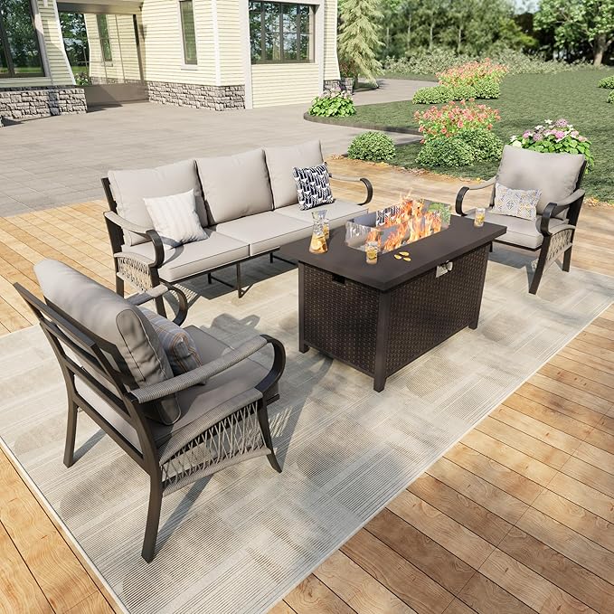 4 Pieces Patio Furniture Set, Metal Outdoor Conversation Sets with Fire Pit Table for Backyard Garden Deck Porch Poolside (Thick Beige Cushions)