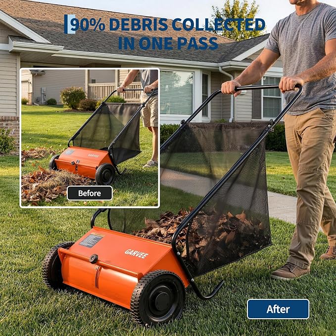 Garvee 26 Inch Push Lawn Sweeper, Walk Behind Leaf Grass Collector with 7 Cu ft Hopper Bag, Carbon Steel Frame, Yard Sweeper with Adjustable Brush Height for Garden Patio Driveway Leaves Cleanup