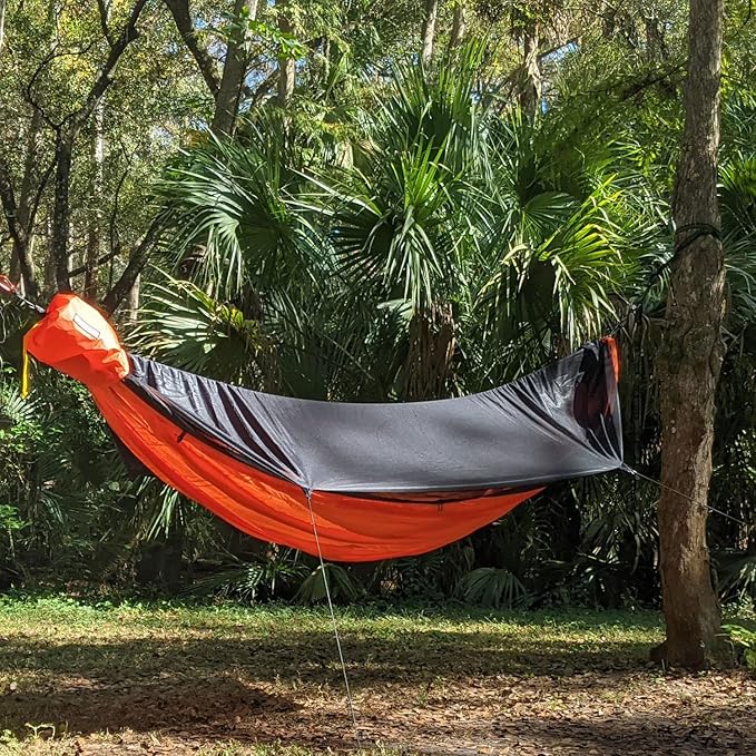 Go Camping Hammock 2.0 w/ Built-In Mosquito Net - Slate Gray by Go Outfitters: 11' Long X 64" Wide |Includes 2 Premium Aluminum Carabiners, Rapid Deployment Bag, 4 Stakes & 4 Shock Cords