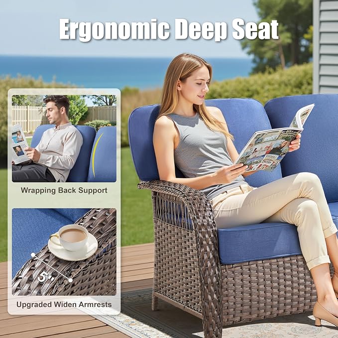 7 Pieces Patio Furniture Set Swivel Chairs, Wicker Swivel Rocker Patio Chairs Set of 4 Rattan 3 Seater Couch with Ottomans, Wicker Sofa Outdoor Furniture Set for Deck Porch Backyard, Blue