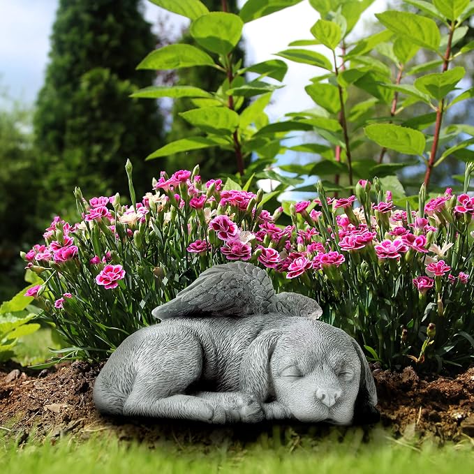 Pure Garden Sculpture Pet Memorial Statue, Sleeping Angel Dog, Stone Finish