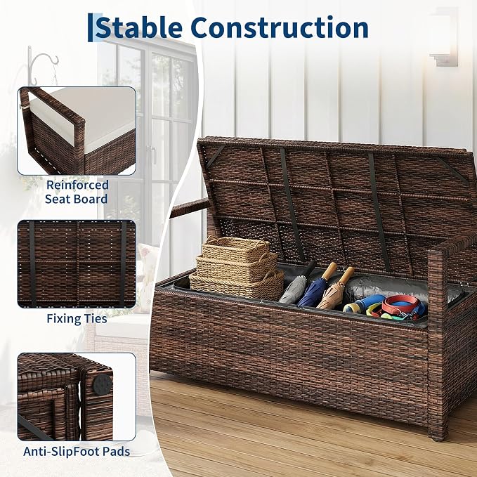 Litake Outdoor PE Rattan Storage Bench with Cushion – Iron & Plastic Wood Frame, Waterproof Fabric Seat – for Patio, Garden, Porch – Yellow or Dark Brown Rattan