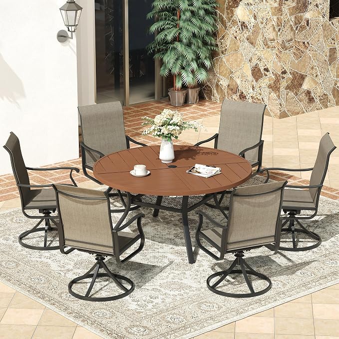 VICLLAX 47.2" Round Patio Dining Table for 4-6, All Weather Metal Outdoor Table with 1.57" Umbrella Hole and Storage Shelf for Garden Lawn Deck, Walnut