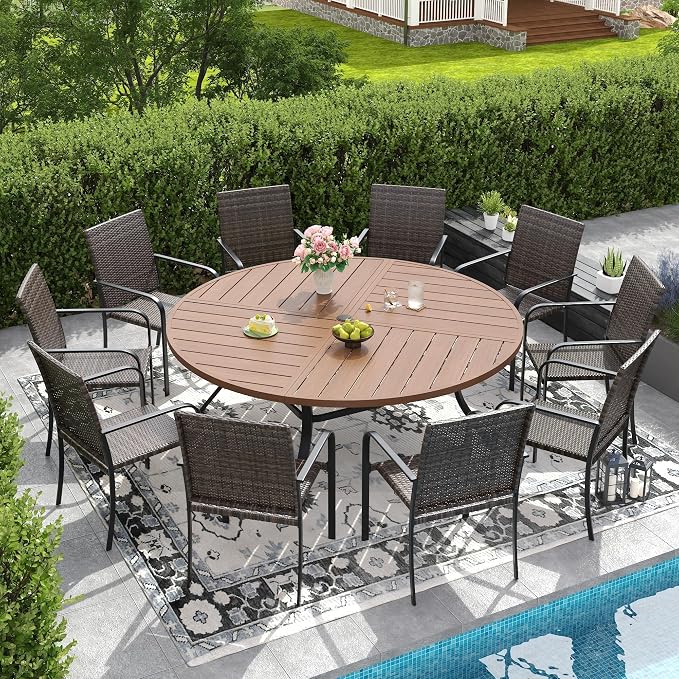 DIFY 11 Piece Outdoor Dining Set for 10, 63" Walnut Round Metal Dining Table with Umbrella Hole and Stackable Wicker Patio Chairs, All-Weather Patio Table and Chairs Set for Deck Garden Backyard