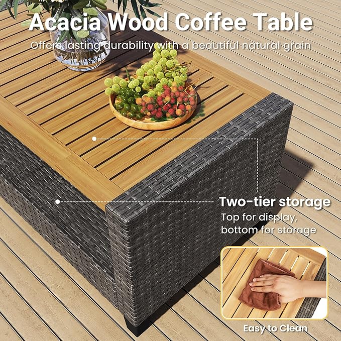Green4ever Patio Conversation Sets, Wicker Outdoor Patio Furniture Set, 4 Pieces All Weather Rattan Patio Sofa with Wood Coffee Table and Thick Cushions, Grey