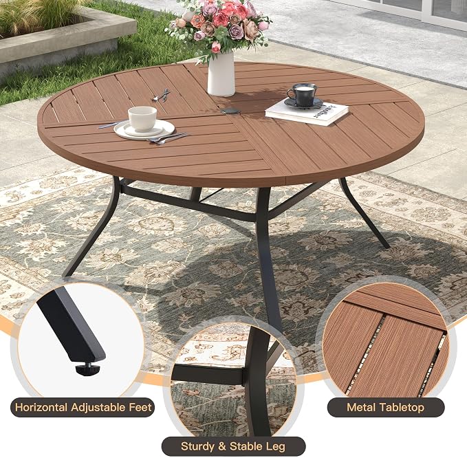 53.1" Outdoor Dining Table with Adjustable Umbrella Hole, Metal Slatted Round Patio Dining Table for Backyard Garden Deck, Walnut