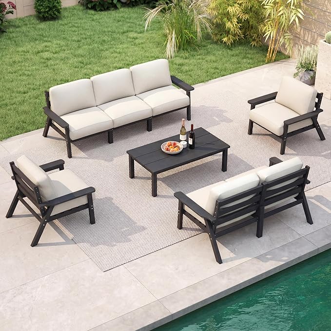 7 Piece Patio Furniture Set, HDPE Outdoor Sectional with Beige Washable Thick Cushions, Coffee Table & Side Table, Patio Conversation Sets for Lawn, Garden, Porch, Balcony (Black Frame)