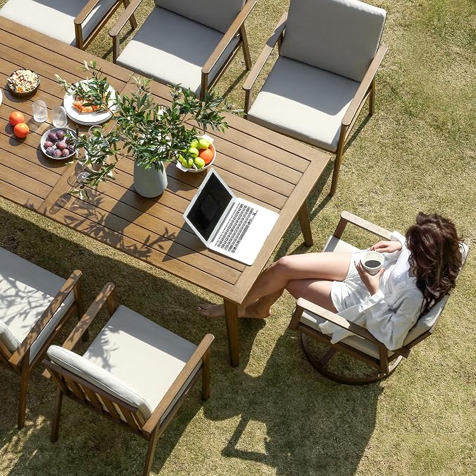 9 Pieces Patio Dining Set for 8, Aluminum Outdoor Dining Table Sets with Umbrella Hole, Modern Outdoor Patio Furniture Set with 8 Chairs and Table for Backyard, Poolside and Deck,Teak