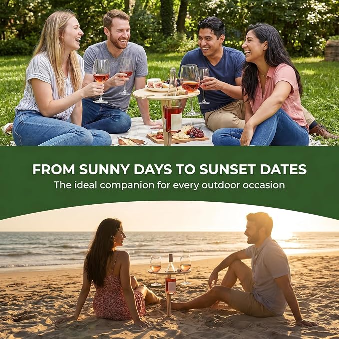 Portable Outdoor Wine Table with Removable Round Wooden Wine Rack, Ground Fixing Design, Comes with Storage Bag, Small Picnic Table for Wine Lovers, Ideal for Garden Lawn Beach, Easy to Carry & Store
