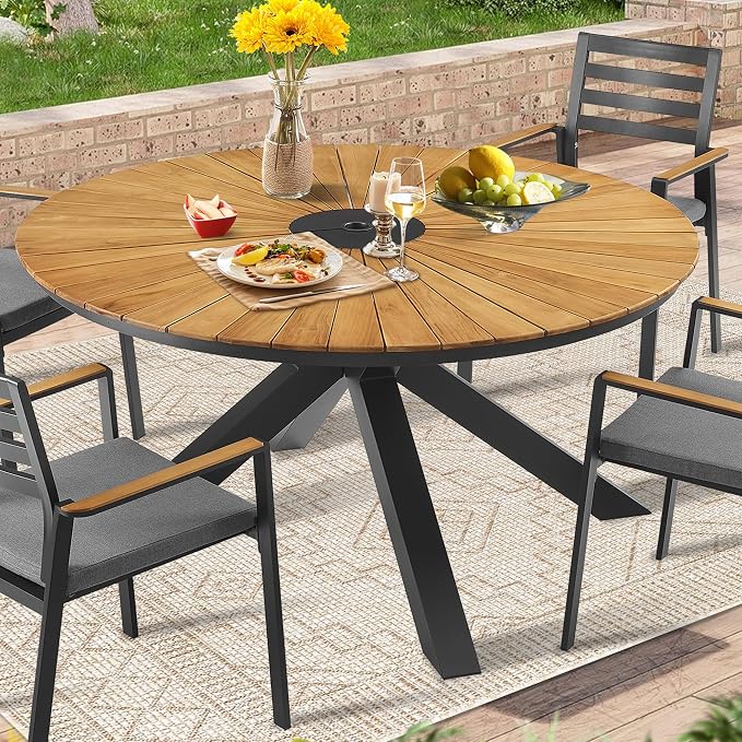 Ulax furniture Nuova 60" Round Teak Dining Table – Solid Wood Indoor/Outdoor Patio Table with Umbrella Hole, Comfortably Seats 6 (Black)