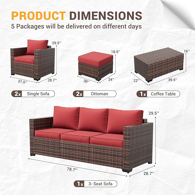Amopatio Patio Furniture Set, Outdoor Furniture Wicker Rattan Sofa, Outdoor Sectional with Ottomans, Patio Set for Backyard Porch Balcony (Burgundy)