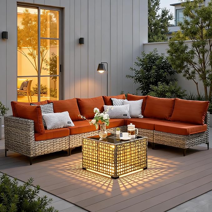 7 Pieces Patio Furniture Set with Solar Light Coffee Table, All-Weather Rattan Outdoor Sectional Conversation Sets L Shaped Sofas with Thick Cushions for Porch Balcony,Coarse Stripes Red
